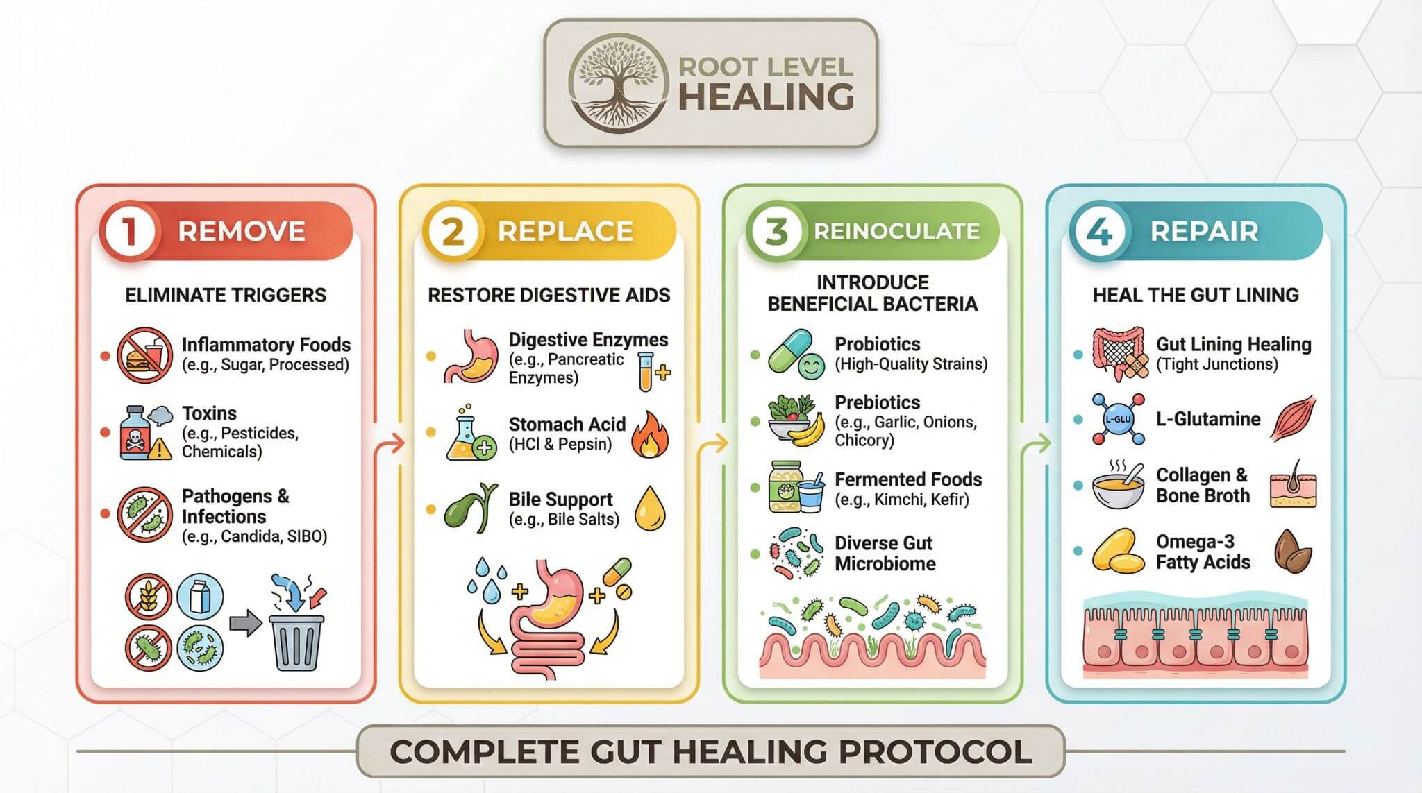 The 4 pillars of gut health optimization: Remove, Replace, Reinoculate, and Repair for complete gut healing