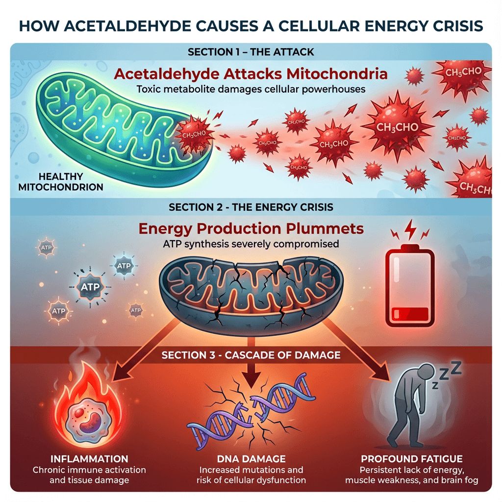 Acetaldehyde mitochondrial dysfunction cellular energy crisis infographic showing how alcohol damages cellular powerhouses