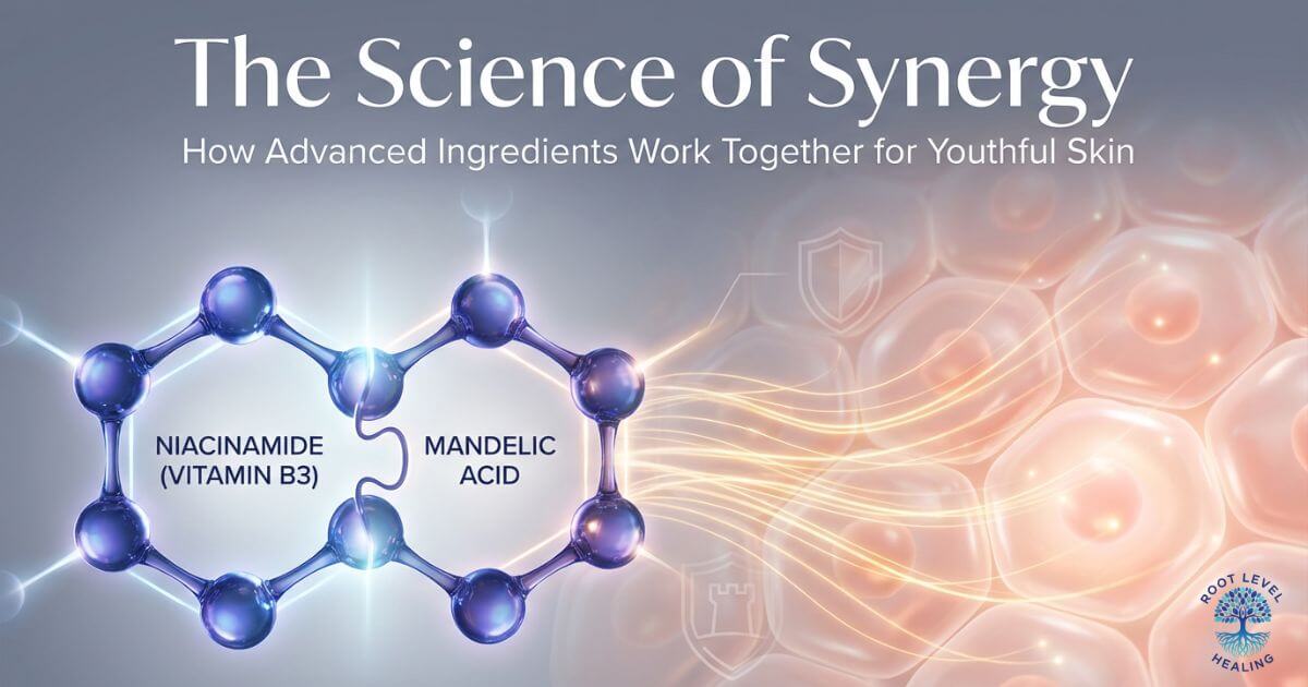 An artistic illustration showing molecules of niacinamide and mandelic acid interlocking like puzzle pieces, with glowing lines of energy connecting them to healthy skin cells, representing their synergistic action.