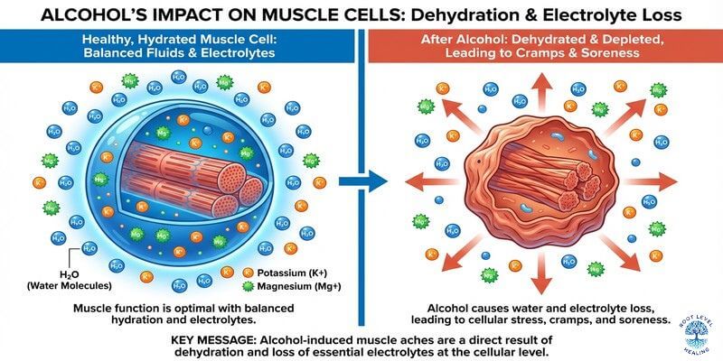 An illustration depicting a dehydrated muscle cell and the loss of electrolytes, leading to muscle cramps and soreness.