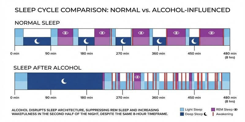 A diagram illustrating how alcohol disrupts the normal sleep cycle, showing reduced REM sleep and increased awakenings.