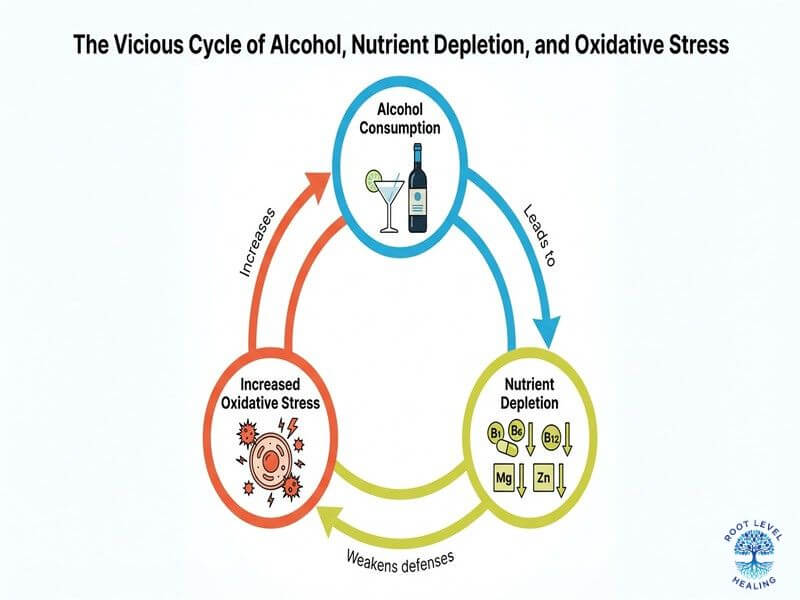 Alcohol nutrient depletion oxidative stress vicious cycle diagram showing how alcohol weakens antioxidant defenses