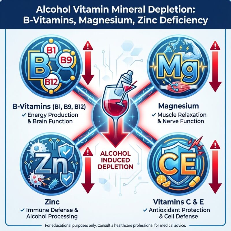 Alcohol vitamin mineral depletion: B-vitamins, magnesium, zinc, vitamin C and E deficiency