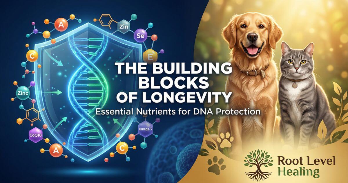 Essential nutrients like trace minerals, vitamins, and quercetin protecting pet DNA for longevity in dogs and cats.