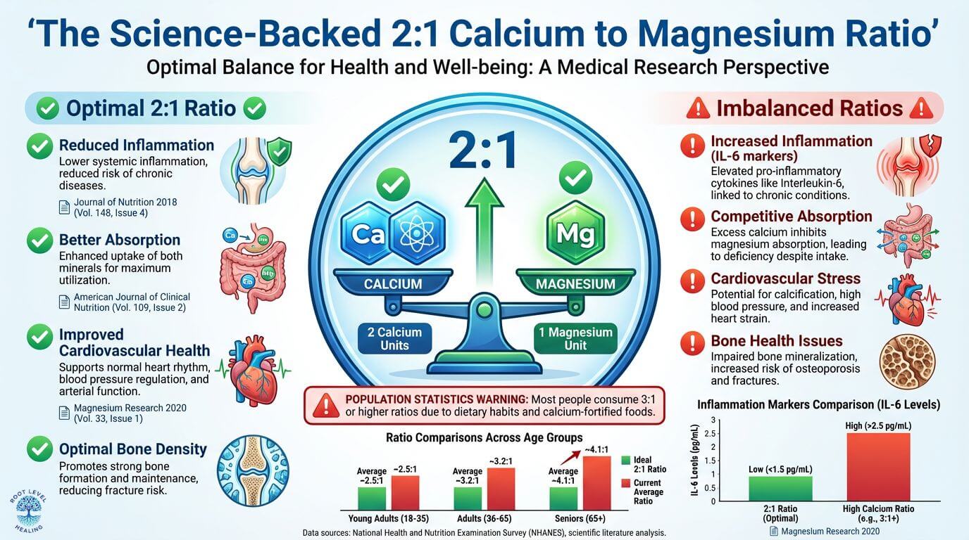 An infographic visually representing the optimal 2:1 calcium to magnesium ratio for health and wellness.