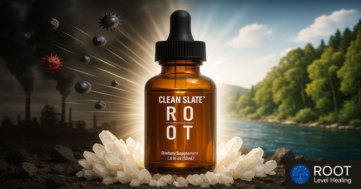 ROOT Brands Clean Slate bottle surrounded by natural zeolite crystals and detoxification symbols, representing the comprehensive detox solution.