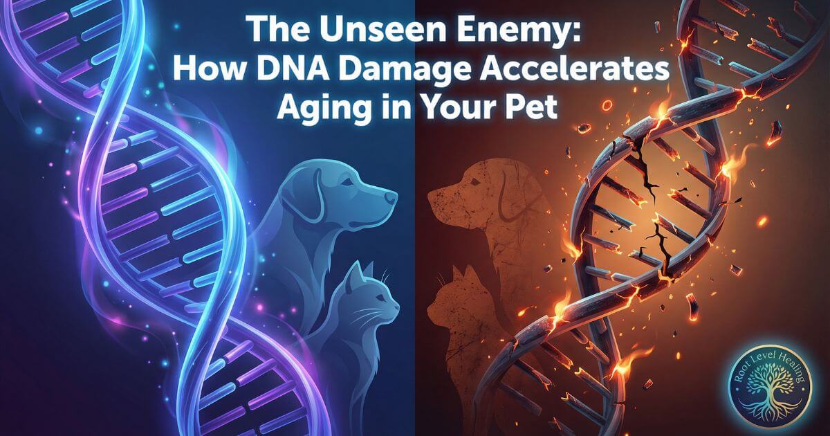 Split composition showing healthy glowing DNA helix versus damaged fragmented DNA with oxidative stress, representing how DNA damage accelerates aging in dogs and cats, with Root Level Healing branding.