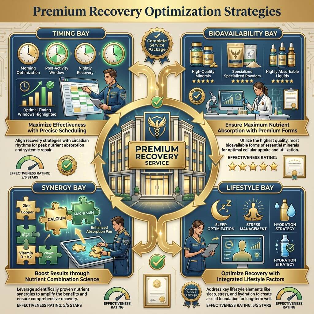 An infographic showing key strategies for optimizing mineral restoration, including timing, bioavailability, and synergistic nutrients.