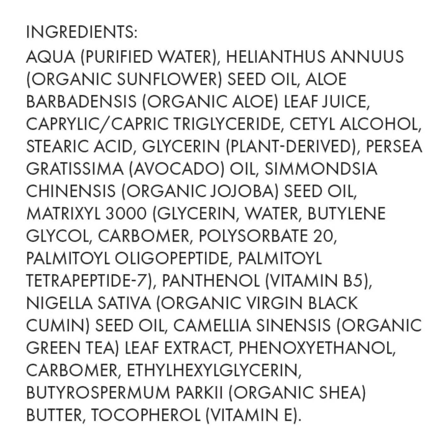 The supplement facts and full ingredient list for the Ella Pure Peptide Serum.
