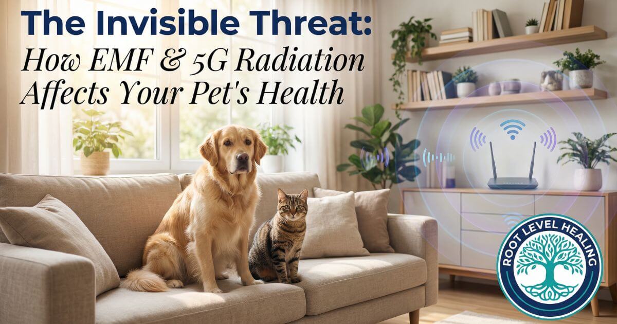 The Invisible Threat: How EMF & 5G Radiation Affects Your Pet's Health - Featured image showing a golden retriever and tabby cat in a living room with EMF waves from a WiFi router.