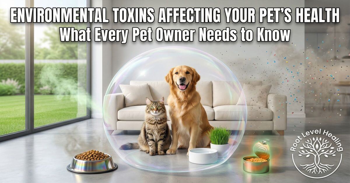Golden retriever and tabby cat in protective bubble surrounded by environmental toxins including PFAS, BPA, pesticides, air pollution, and microplastics.