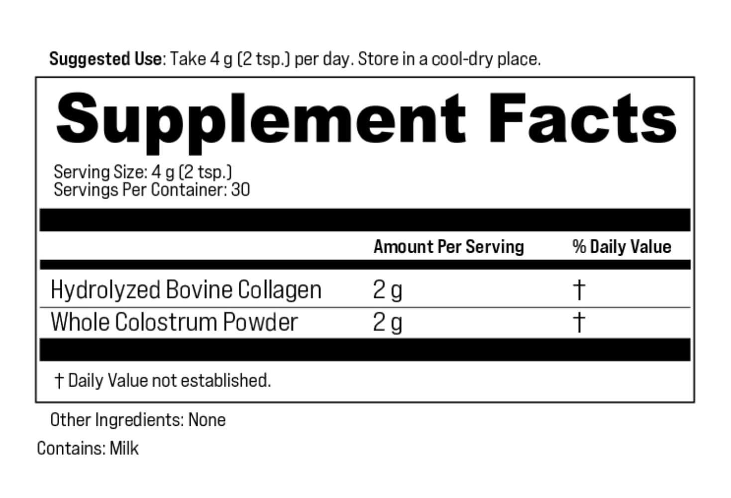 Supplement facts for Give Me Back My Youth, featuring hydrolyzed bovine collagen peptides and bovine colostrum with 30% IgG.