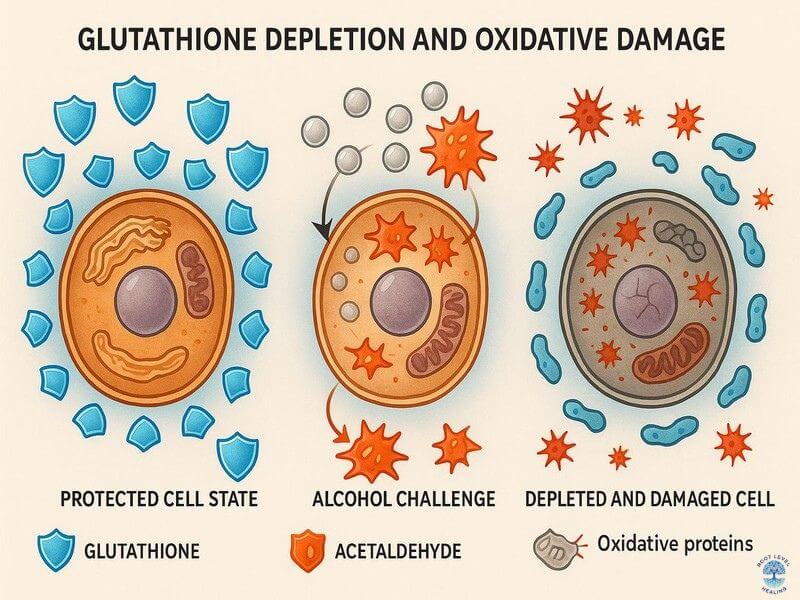 Scientific illustration showing how alcohol depletes glutathione and leads to cellular oxidative damage