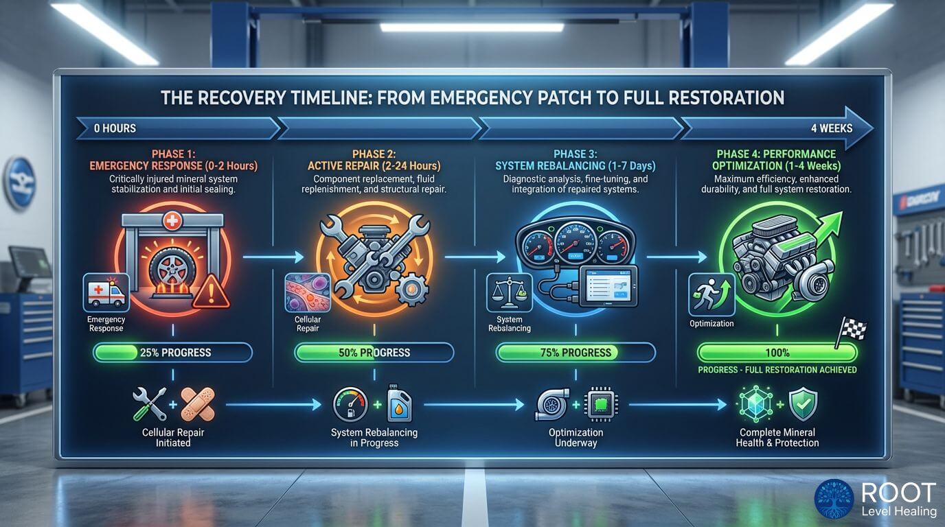 An infographic showing the mineral recovery timeline from 0 hours to 4 weeks, with icons representing different stages of restoration.