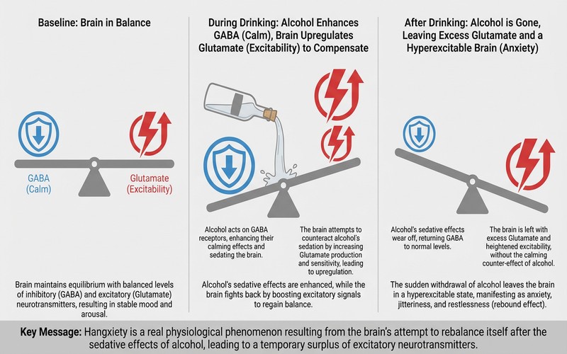 A diagram showing the GABA/Glutamate rebound effect, with alcohol first enhancing GABA and then leading to a surge in glutamate.