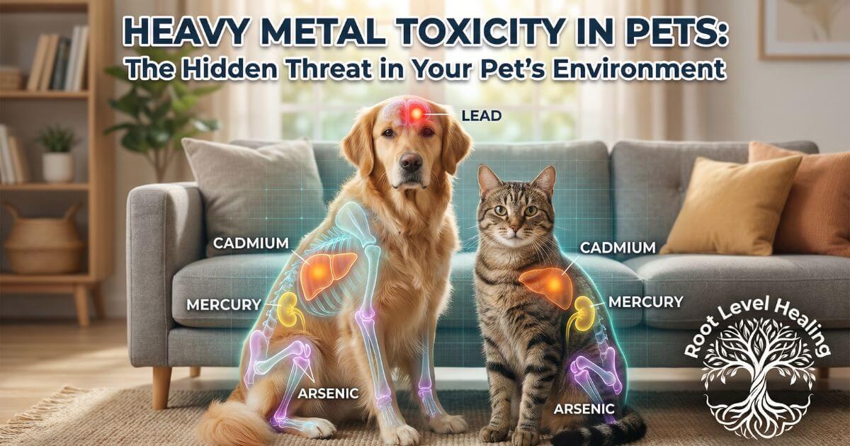Dog and cat with medical overlay showing heavy metal toxicity locations - lead, cadmium, mercury, and arsenic accumulation in vital organs.