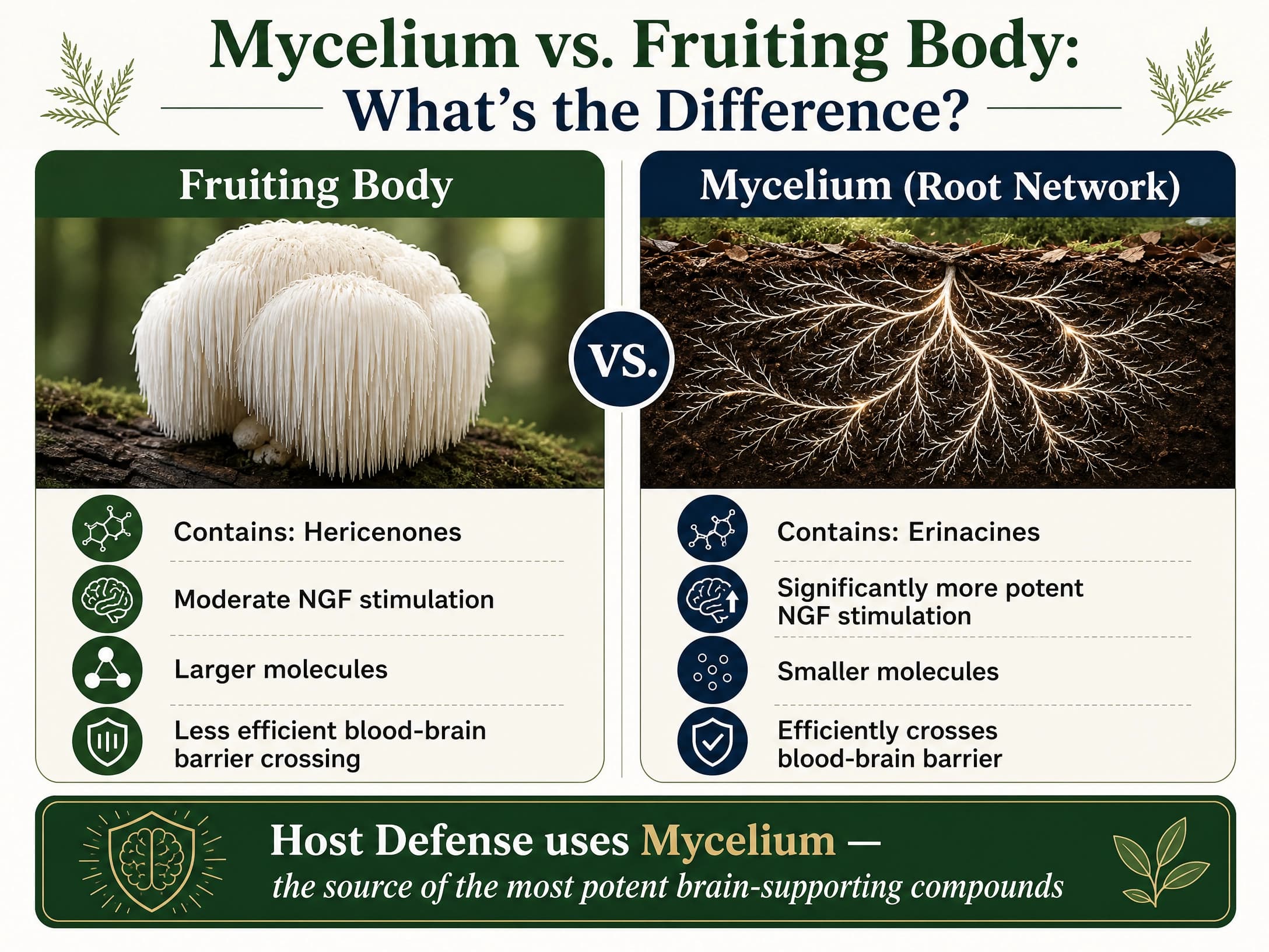 Infographic comparing Lion's Mane mycelium (rich in erinacines for brain health) vs fruiting body (rich in hericenones)