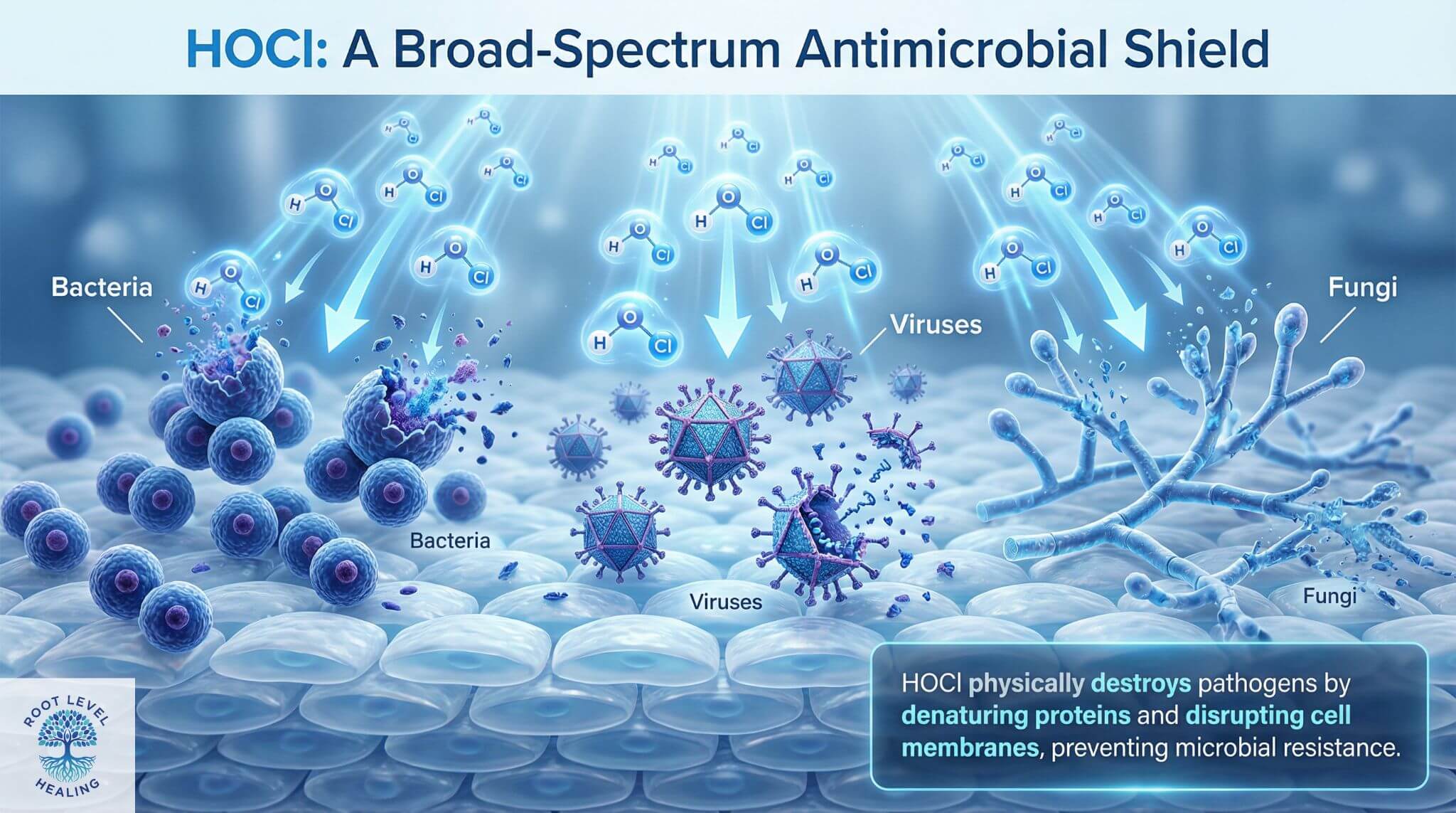 Infographic demonstrating how HOCl acts as a broad-spectrum antimicrobial shield against bacteria, viruses, and fungi.
