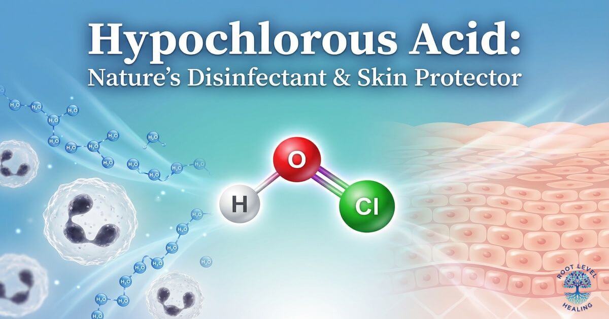 A scientific illustration showing the Hypochlorous Acid (HOCl) molecule protecting skin cells, with white blood cells in the background.
