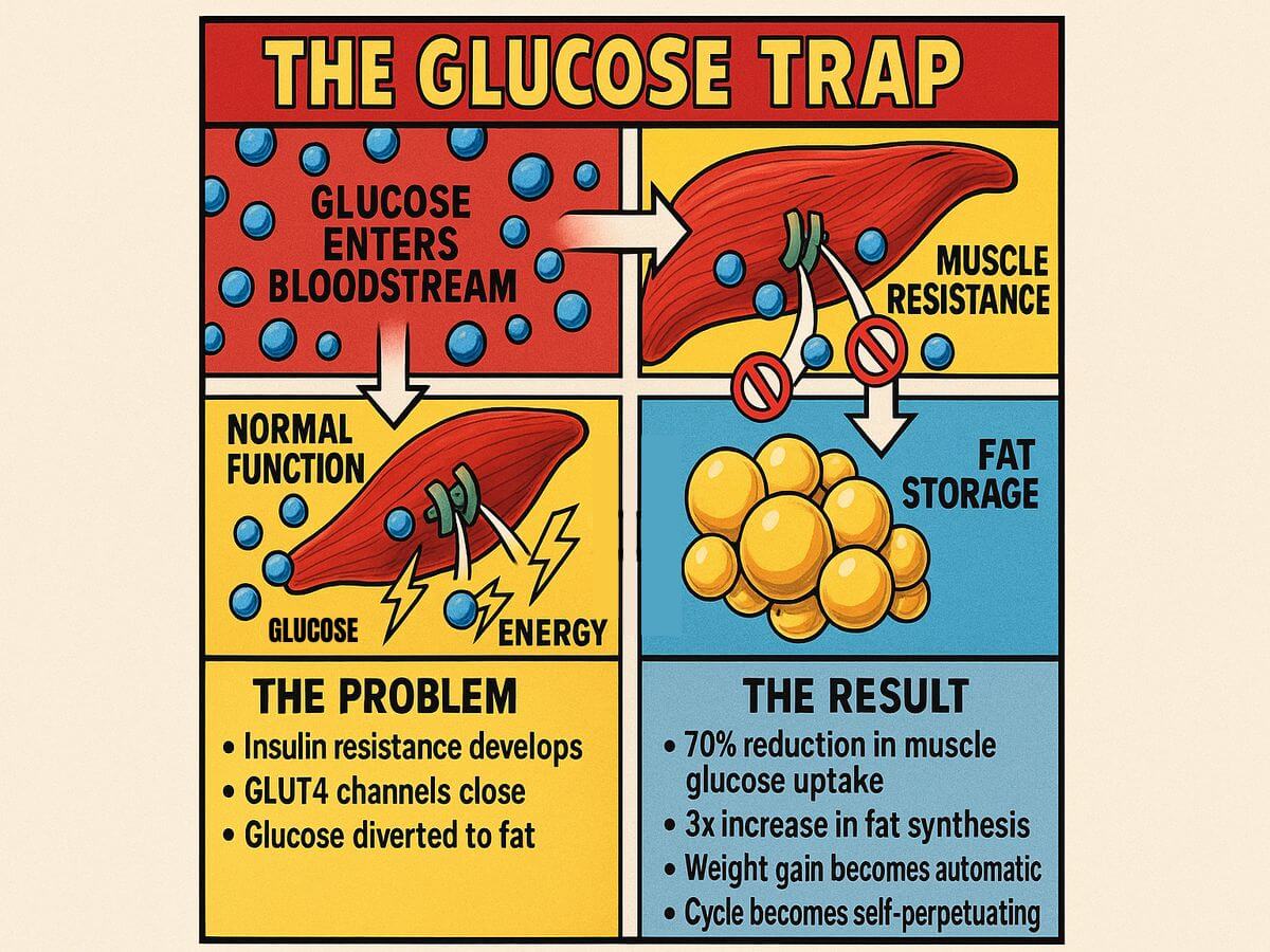 Infographic illustrating the Glucose Trap mechanism, showing how insulin resistance prevents glucose from entering muscle cells and diverts it to the liver for fat conversion.