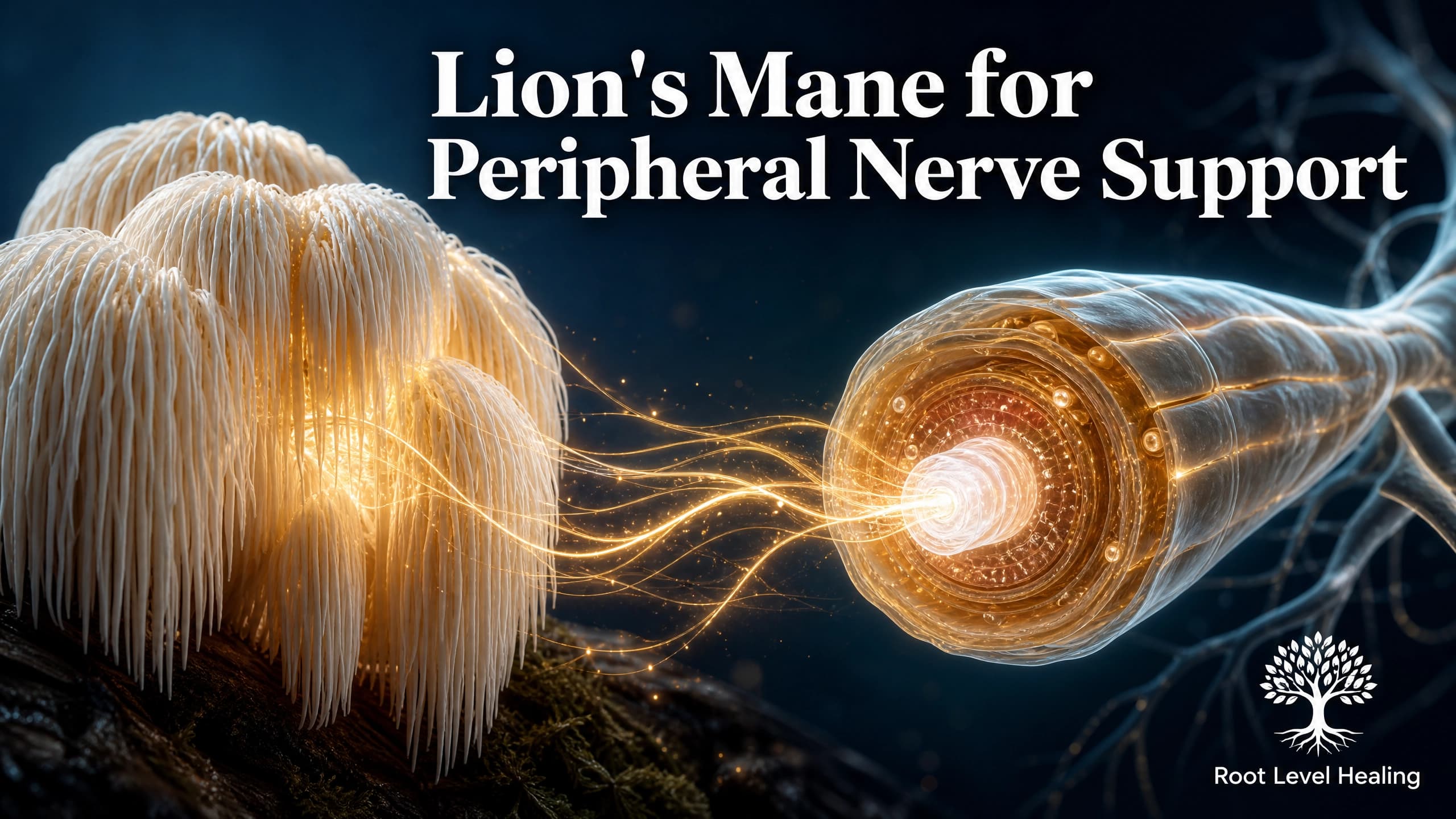 Lion's Mane mushroom glowing with peripheral nerve network connections.