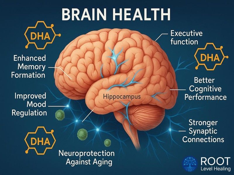Illustration of the brain showing how DHA supports memory, mood, and cognitive function