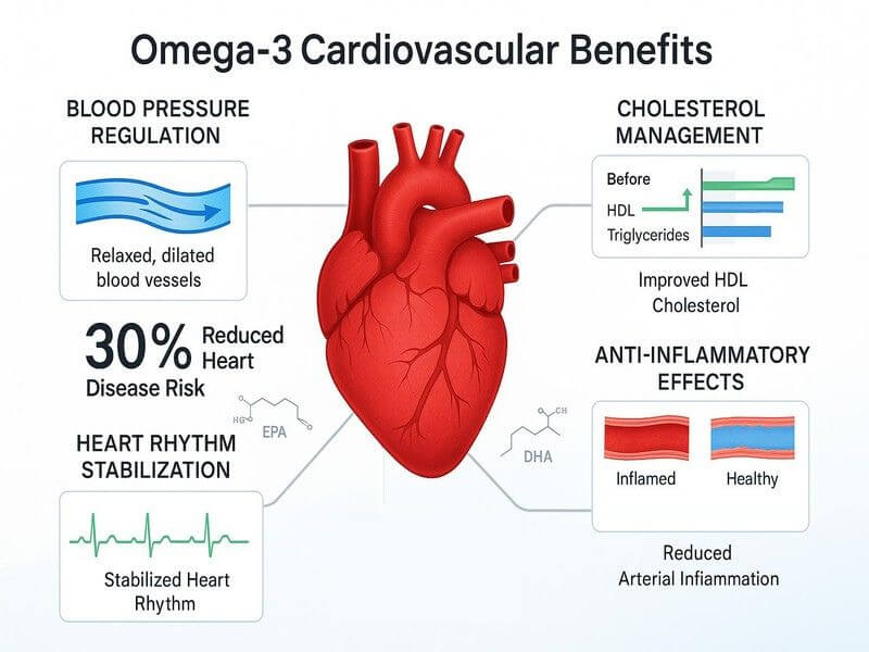 Scientific diagram showing how omega-3s protect the cardiovascular system through multiple pathways