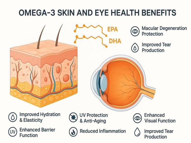 Split image showing healthy skin and eyes benefiting from omega-3 fatty acids