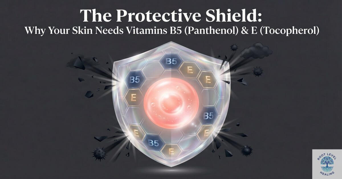 An artistic illustration of a glowing shield made of vitamins B5 and E protecting a healthy skin cell from environmental aggressors.