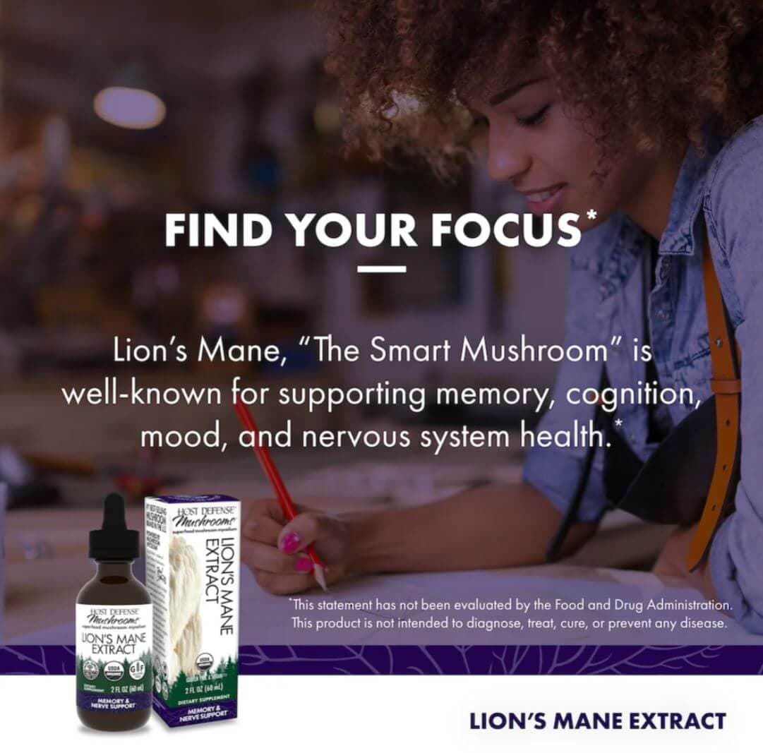 Find Your Focus graphic illustrating the cognitive benefits of Host Defense Lion's Mane Extract