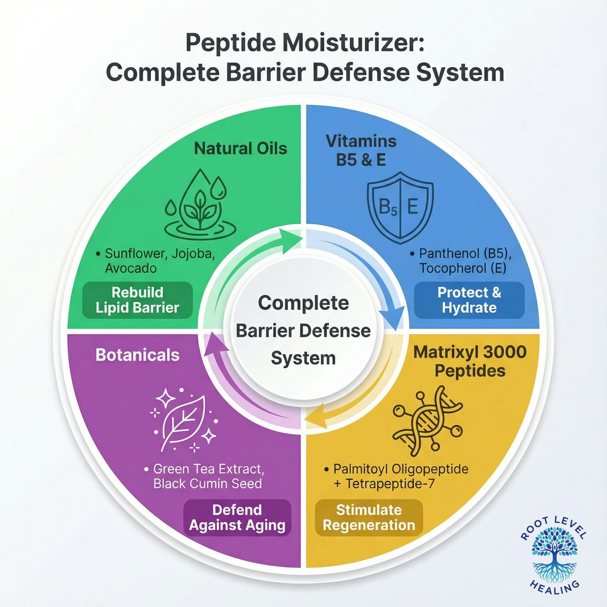 Infographic showing the synergistic combination of natural oils, vitamins B5 and E, botanical extracts, and Matrixyl 3000 peptides in the Ella Pure Peptide Moisturizer