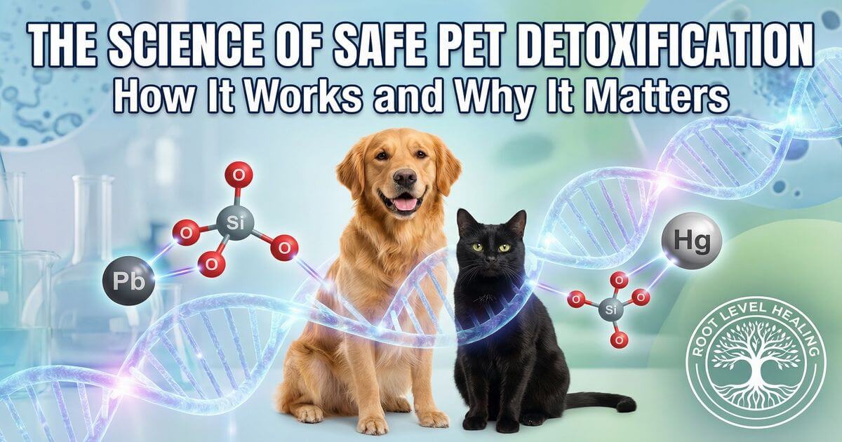 Golden retriever and black cat with DNA helix and orthosilicic acid molecular structures showing detoxification science.