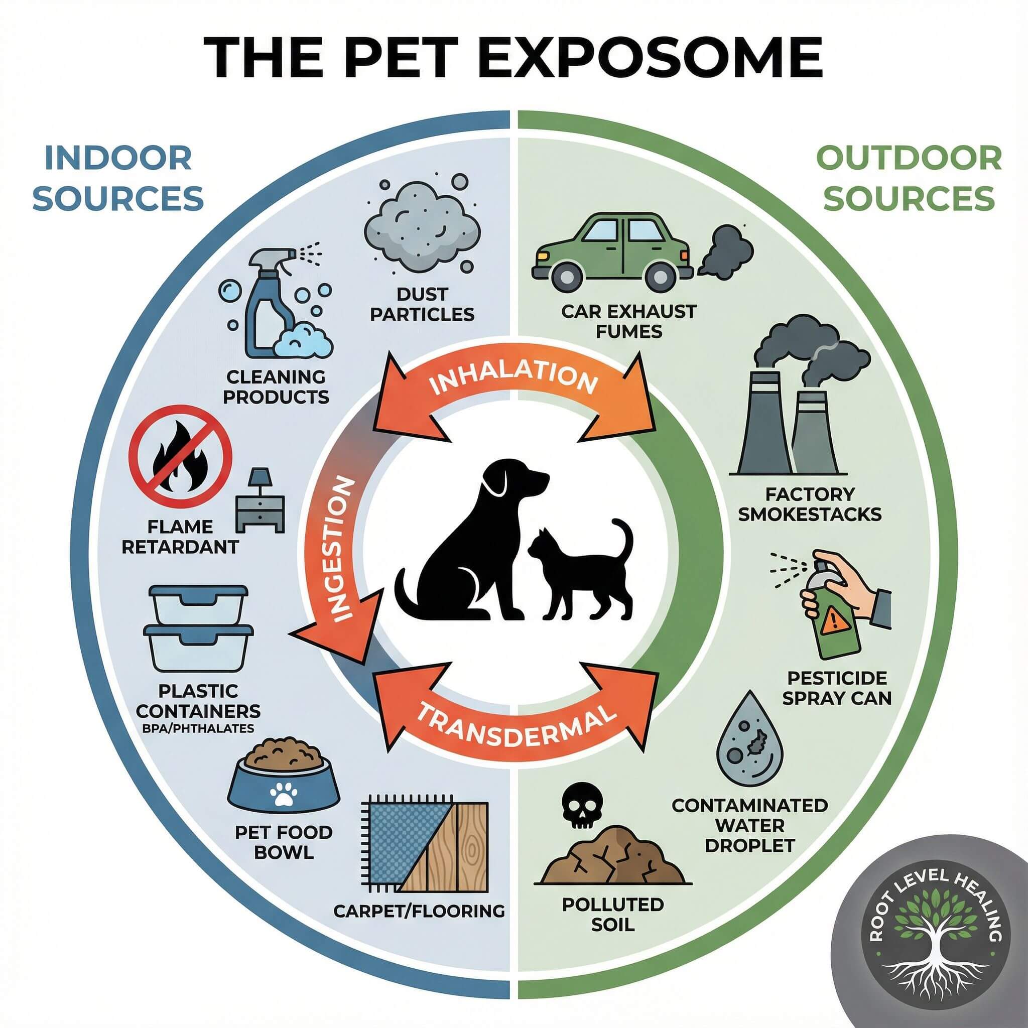 Educational circular diagram showing the pet exposome with indoor sources on left (cleaning products, dust particles, flame retardant symbol, plastic containers BPA phthalates, pet food bowl, carpet flooring ) and outdoor sources on right (car exhaust fumes, factory smokestacks, pesticide spray can, contaminated water droplet, polluted soil), with dog and cat silhouettes in center and three arrows labeled ingestion, inhalation, transdermal pointing inward