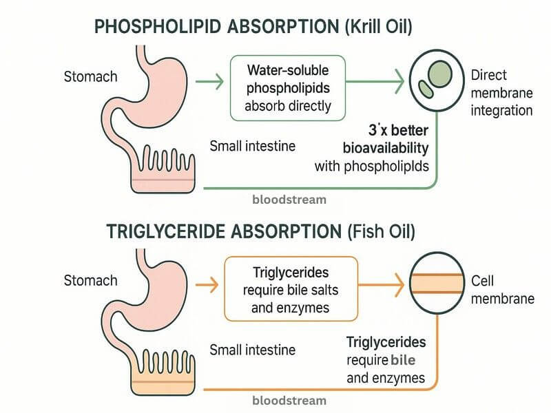 Scientific diagram comparing phospholipid and triglyceride absorption pathways in the digestive system