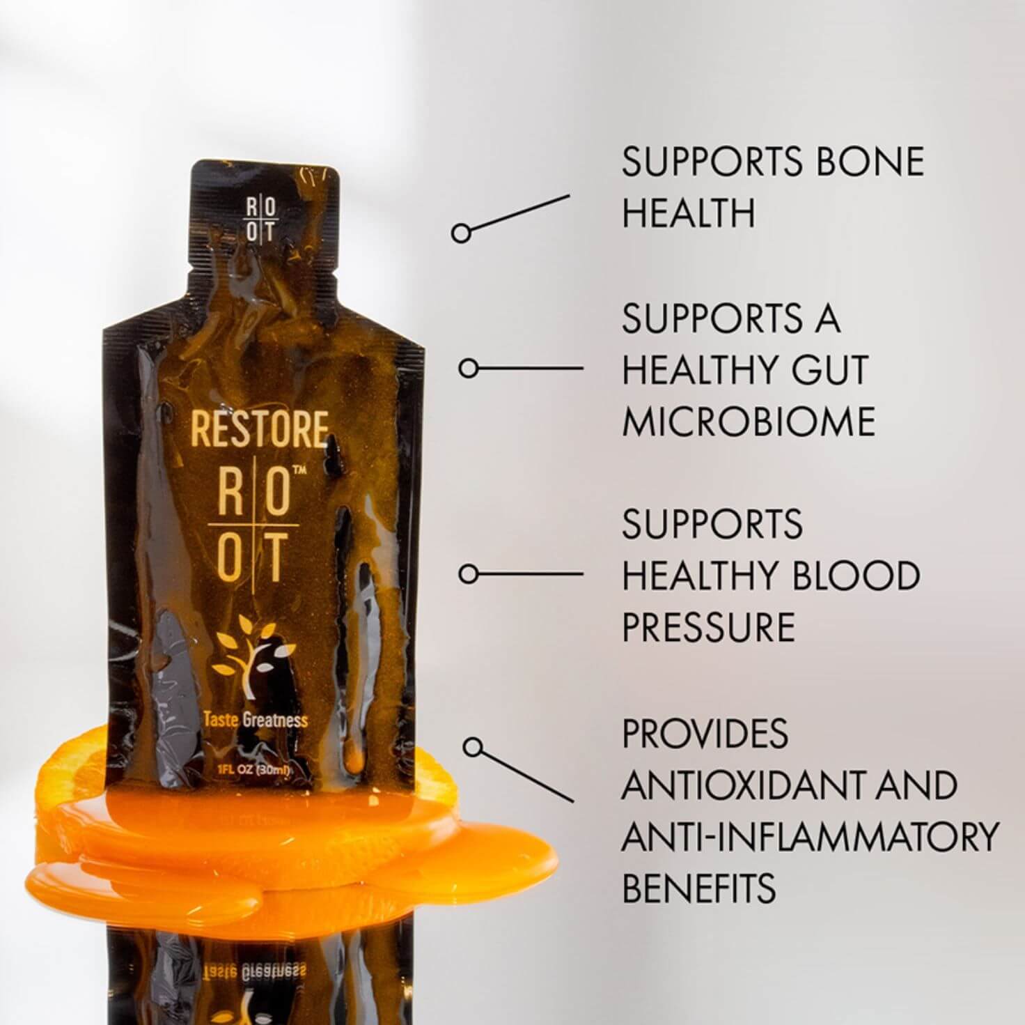 Restore benefits, bone health, anti-inflammatory, antioxidant, gut health / microbiome restoration, skin health.