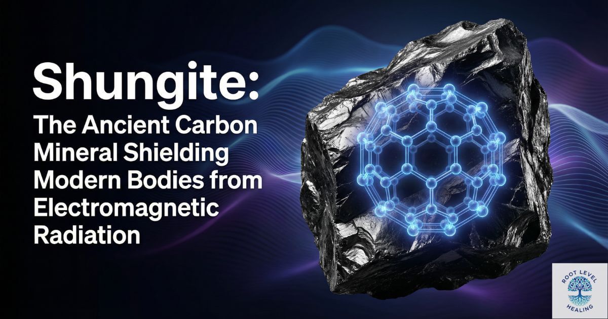 Raw black shungite stone with molecular fullerene C60 structure overlay showing electromagnetic field protection properties.