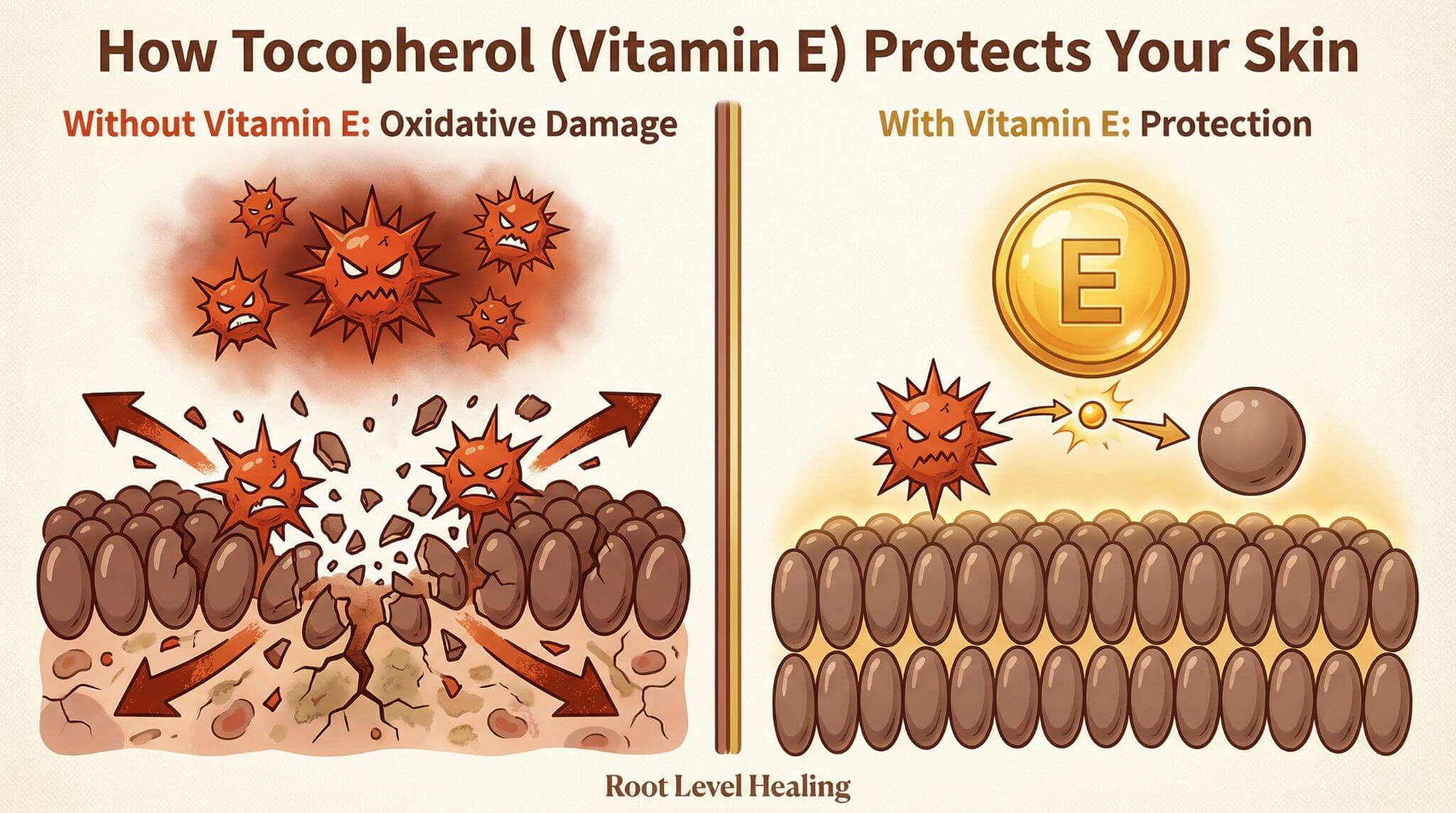 An infographic explaining how Tocopherol (Vitamin E) protects the skin from oxidative stress by neutralizing free radicals and preventing lipid peroxidation.